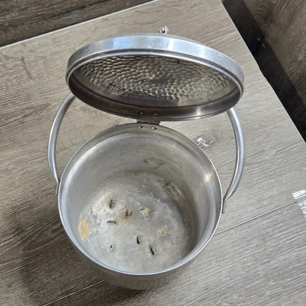 Vintage Mid Century Hammered Aluminum Lidded Ice Bucket with Handle Italy
